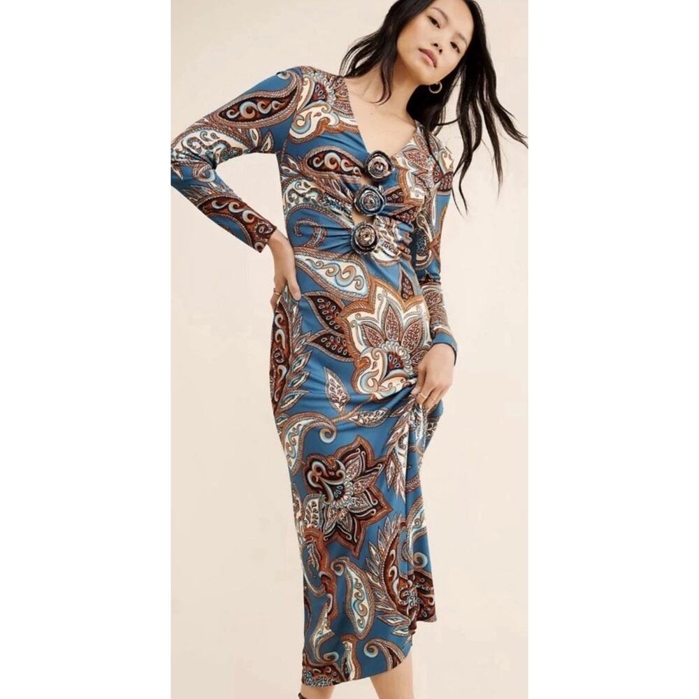 Farm Rio Anthropologie Bouquet Midi Dress Blue Paisley Size L EUC Boho Floral